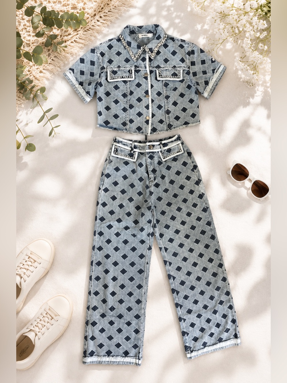 Diamond-Print Wide Leg Denim Pants - Light Blue